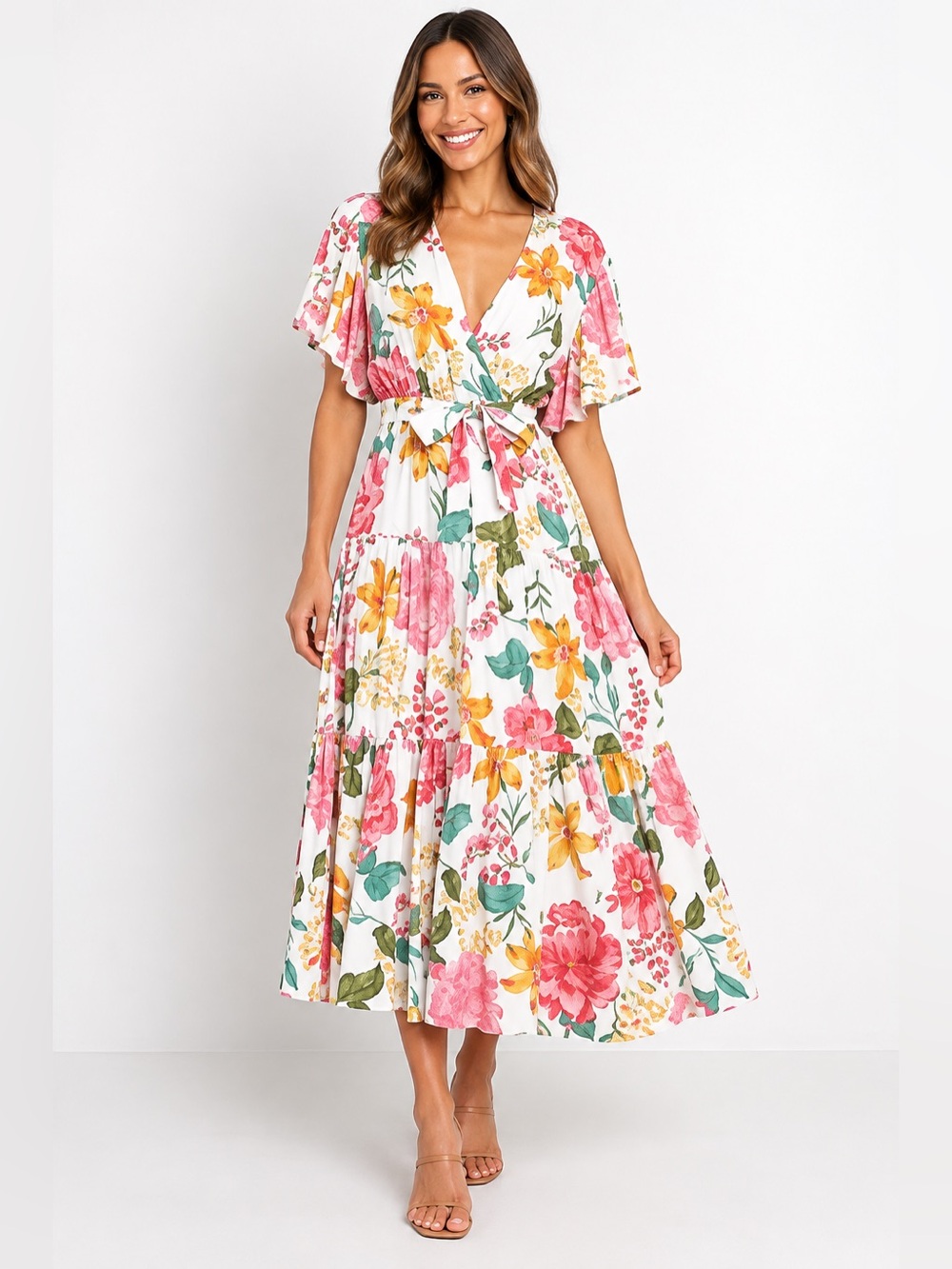 Petal & Pup Multicolor Floral White Belted Flowy Midi Dress Size Medium